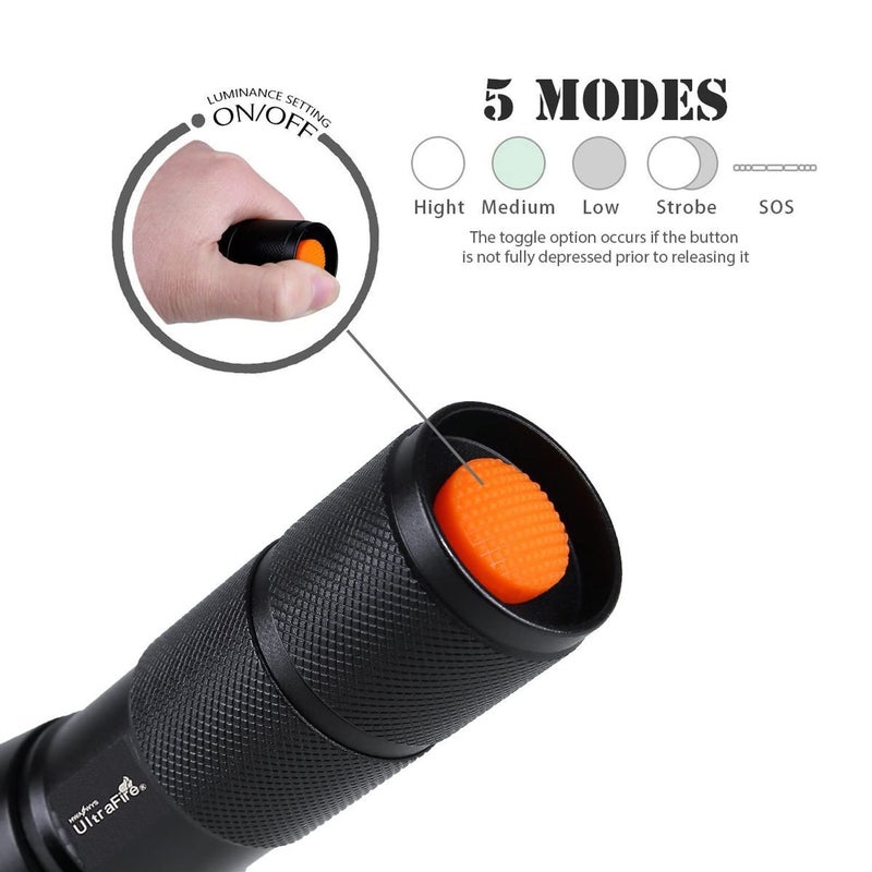 ULTRAFIRE A100 Tactical LED Flashlight Mini,800 Lumen Hunting Handheld Flashlight Focusable 3 Colors Exchange Glass Lens (Generate RED or Green Light) - Image 3